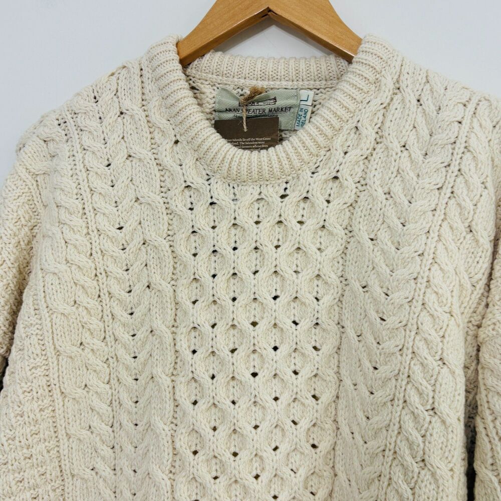 Aran Sweater Market NWT Merino Wool Fisherman Sweater Cable Knit Mens Sz L Ivory - Picture 4 of 10